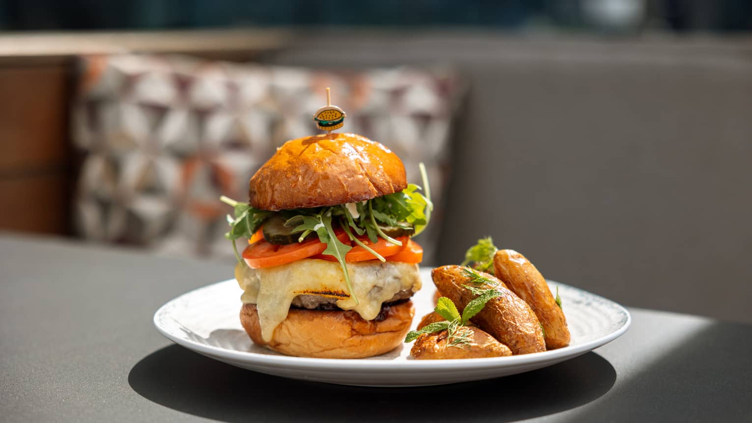 Tall burger with lettuce, tomato and a side.