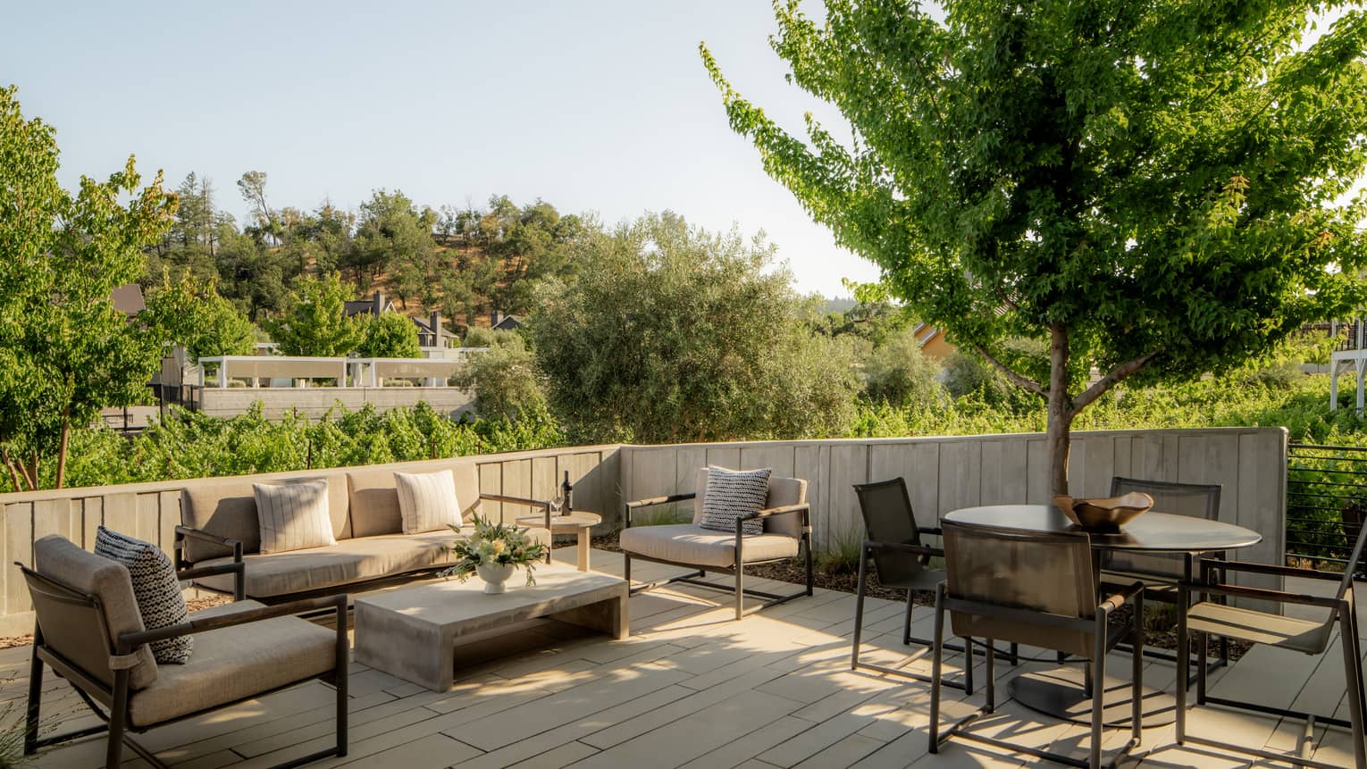 Large private patio featuring lounge area and dining table for four, surrounded by lush vineyards