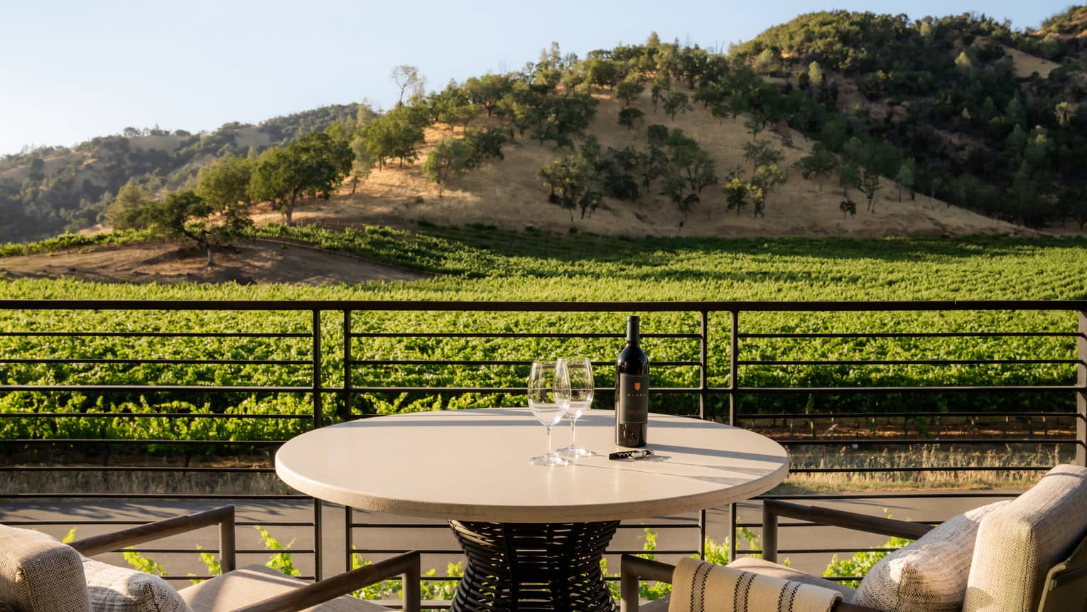 A round outdoor table with two chairs, overlooking lush vineyard and mountain