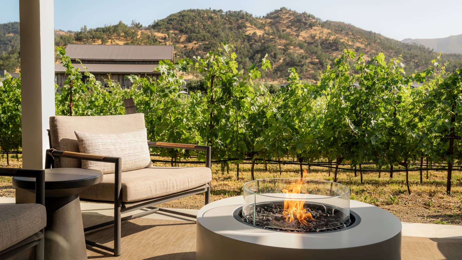 Circular gas fireplace on outdoor patio next to lush vineyards