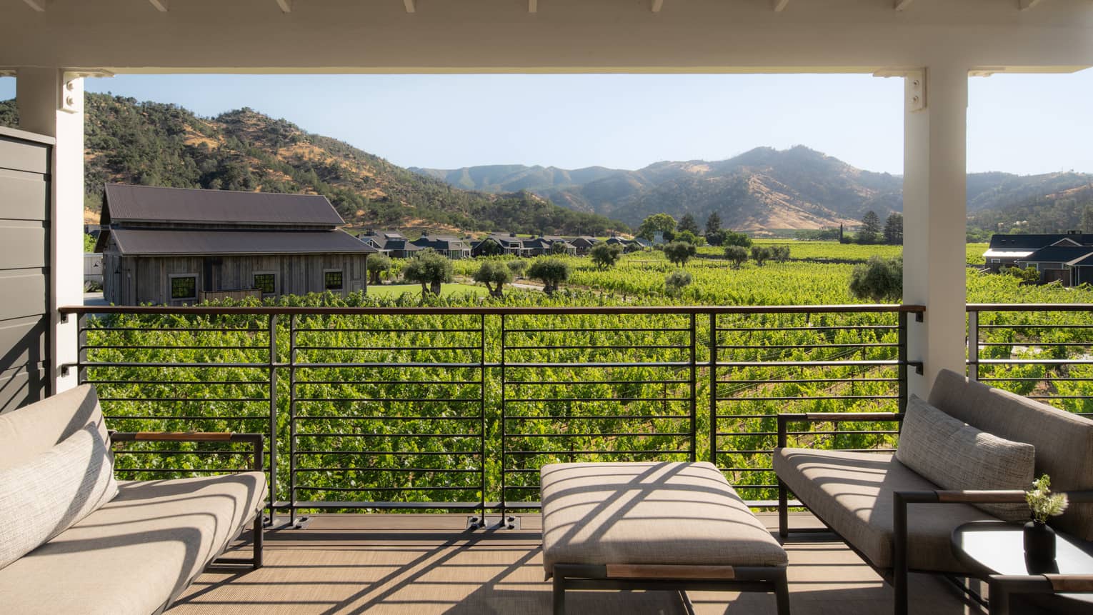 Covered terrace featuring two sofas and an ottoman, located next to lush vineyard