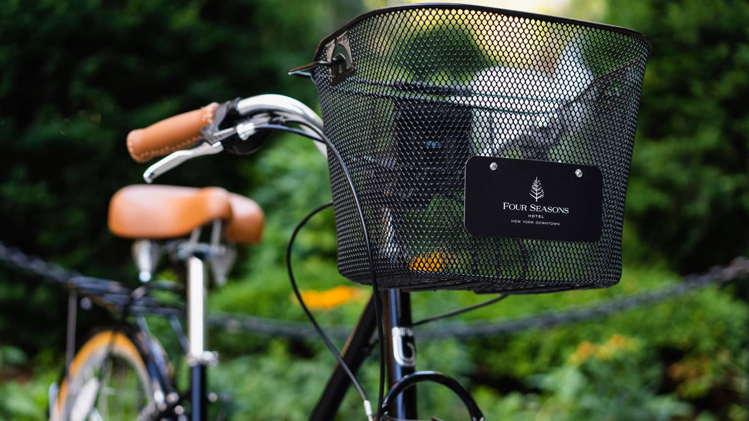 A bike with a black basket at the front that says "Four Seasons" outside by plants.