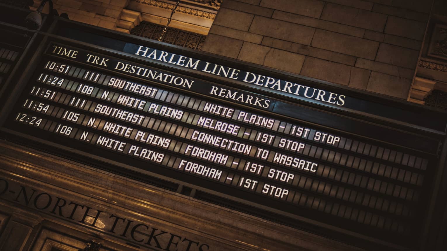 New York City Hall subway station vintage sign showing Harlem Line Departures times 