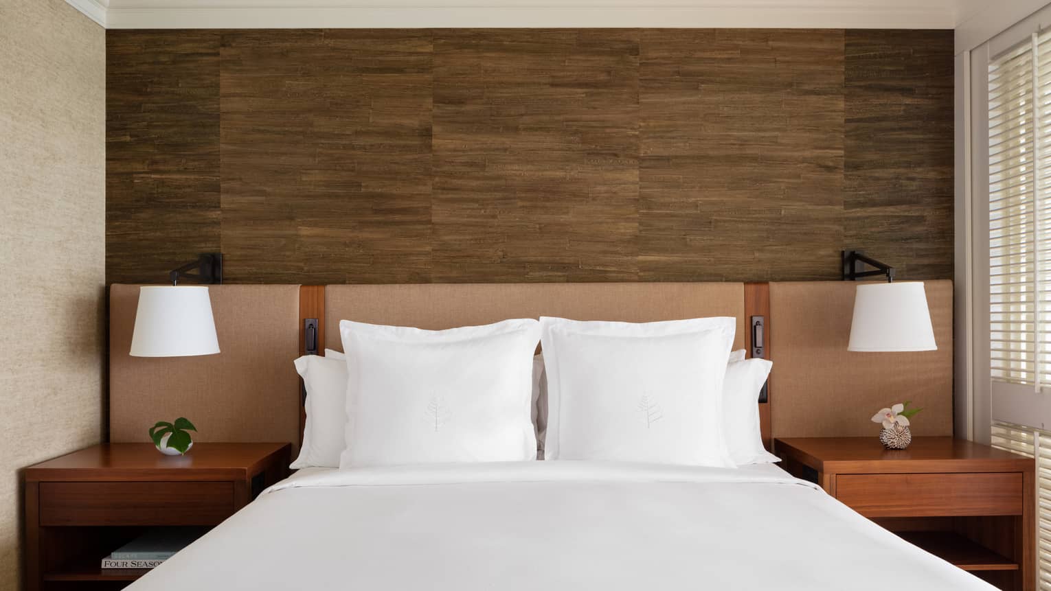 King bed with wooden wall, two wall sconces