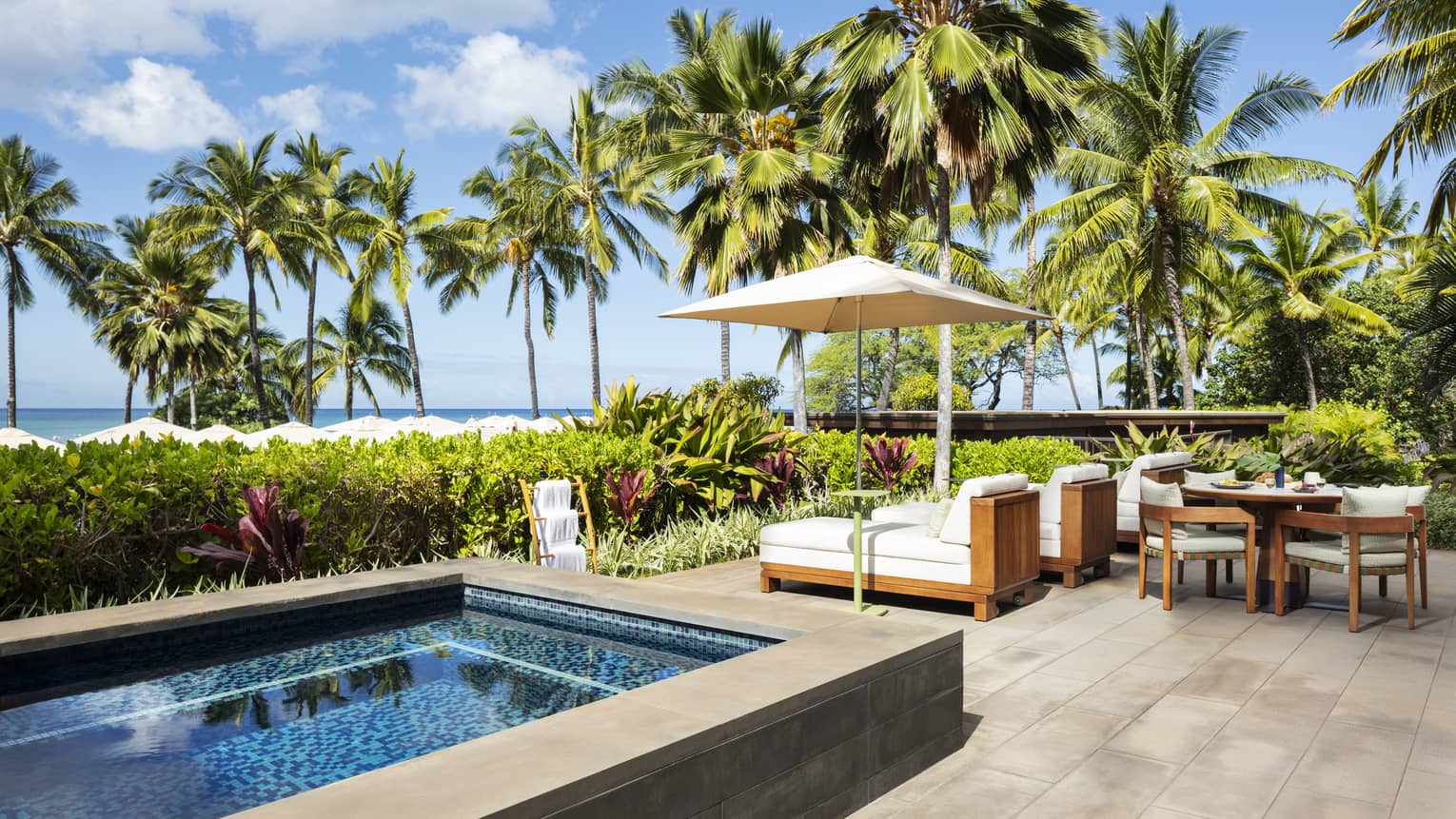 Luxury resort suite private terrace featuring a small rectangular pool, wooden lounge chairs with flush white cushions, and a dining table with palm tree ad ocean views