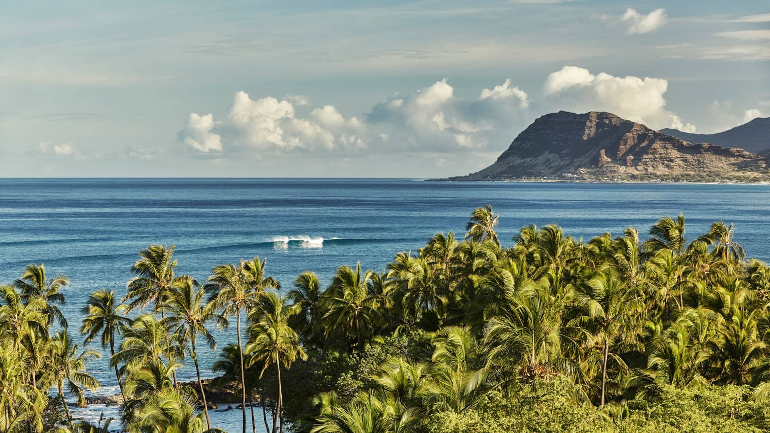 View over tropical forest, palm trees to big waves in ocean, mountains, clouds