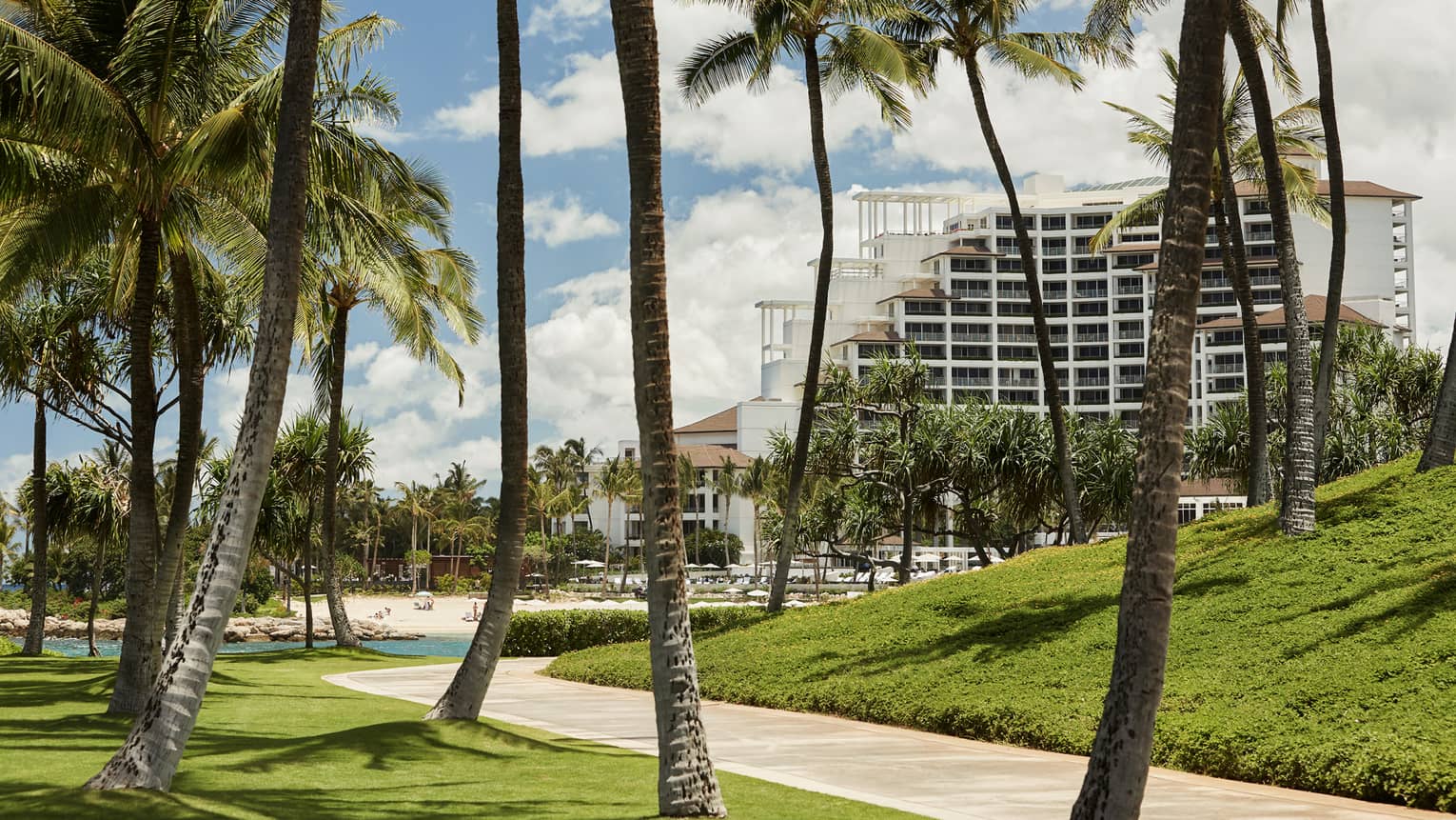 Palm trees along pathway on Four Seasons Oahu resort grounds, green lawns