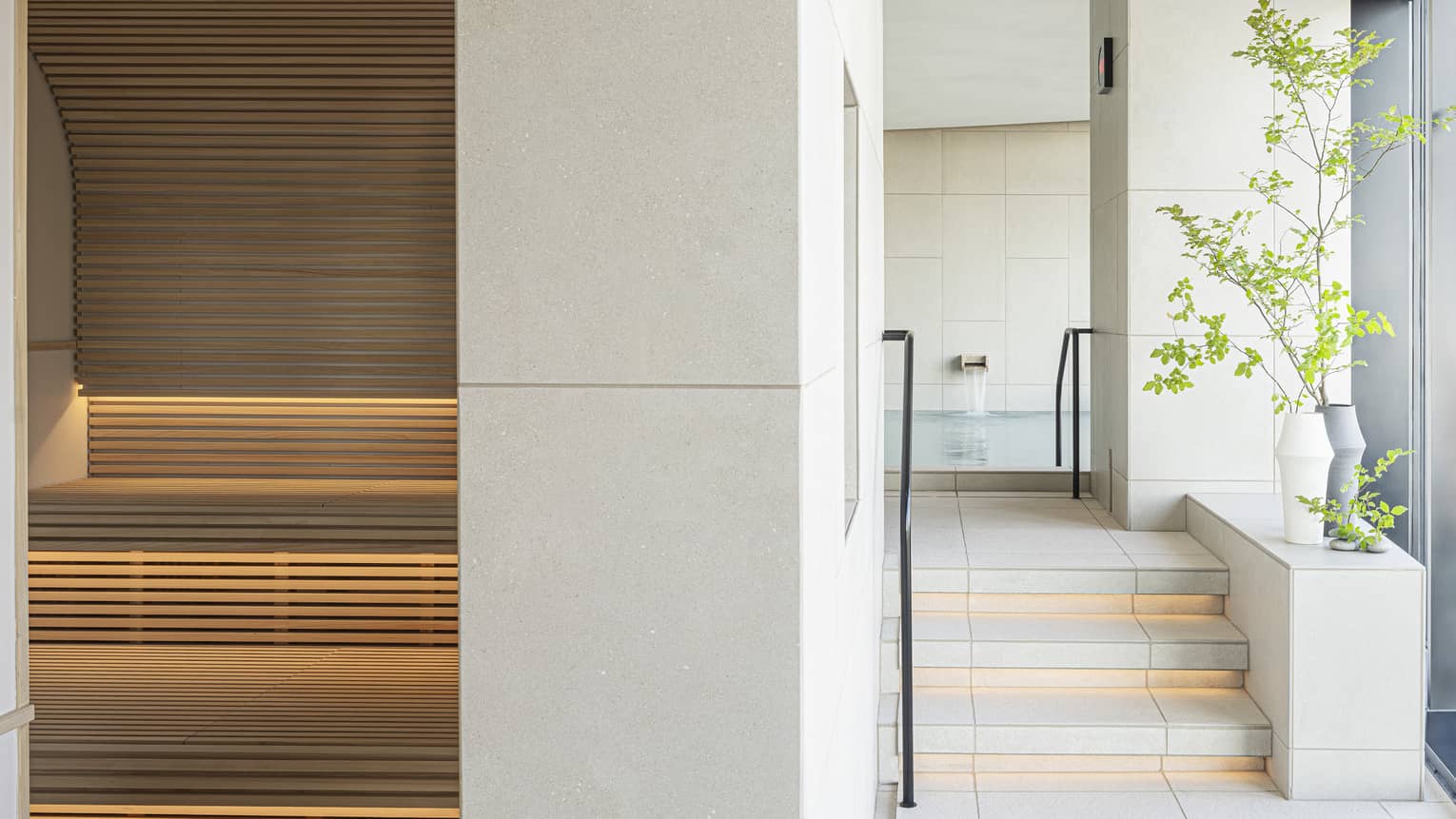 The Spa with sauna and steps leading to ofuro at The Spa at Four Seasons Hotel Osaka
