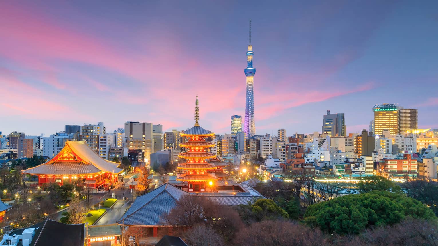 Illuminated city buildings, temples at night