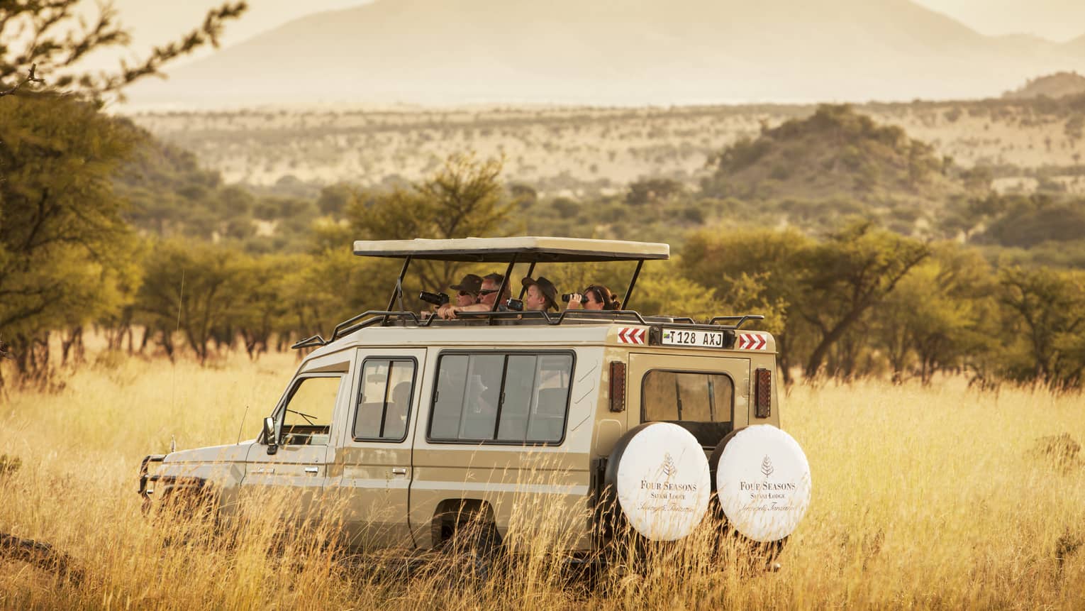 Guests peek out from white safari jeep roof in tall grass of Serengeti park