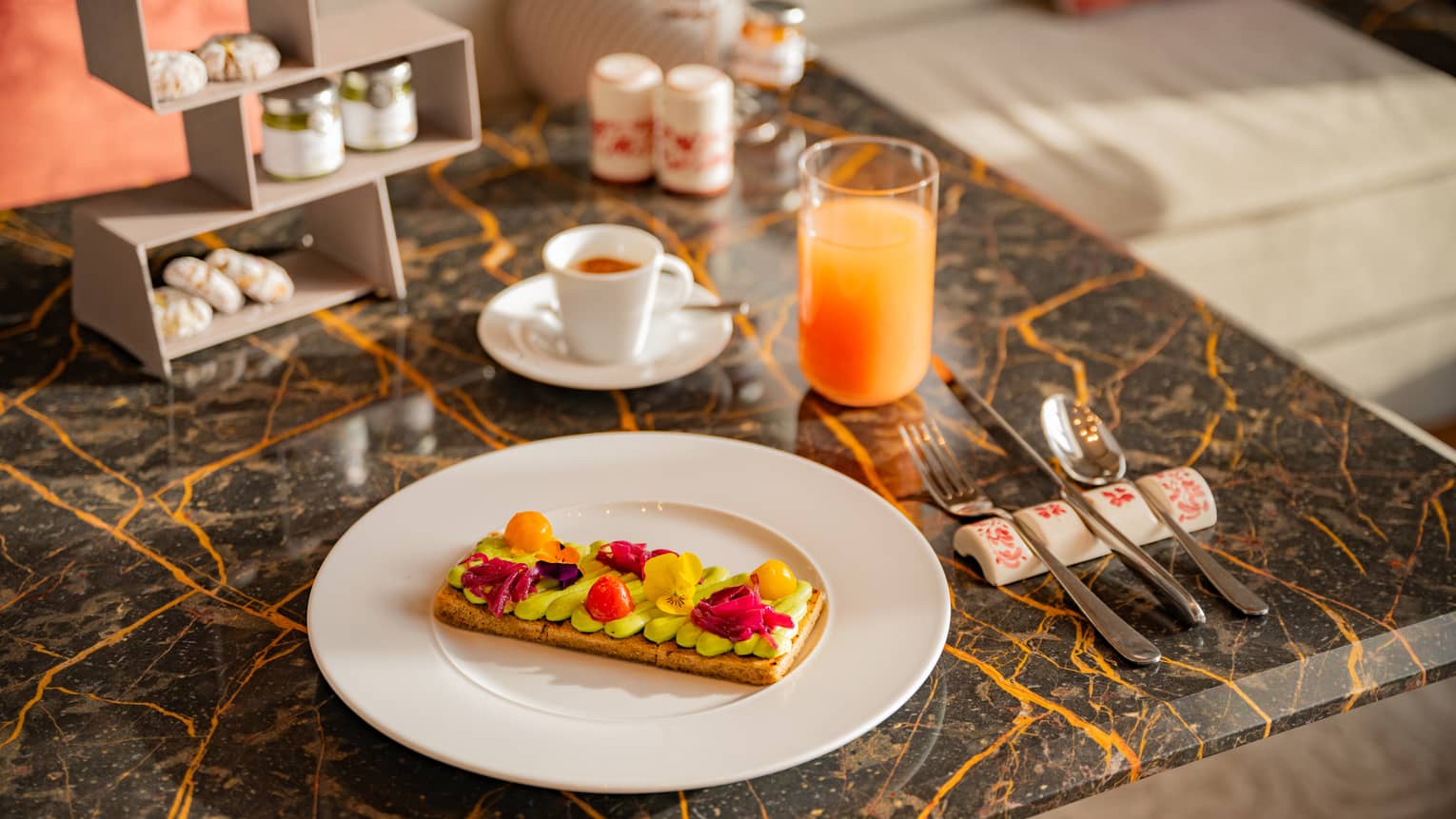 Flatbread topped with colourful vegetable pieces on white plate beside flatware, cup of espresso and glass of juice,Flatbread topped with colourful vegetable pieces on white plate beside flatware, cup of espresso and glass of juice,Flatbread topped with colourful vegetable pieces on white plat beside flatware, cup of tea and glass of juice,Flatbread topped with colourful vegetable pieces on white plate beside flatware, cup of espresso and glass of juice