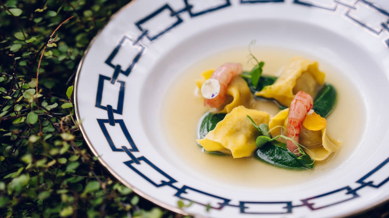 Four ravioli with swiss chard and two prawn in broth