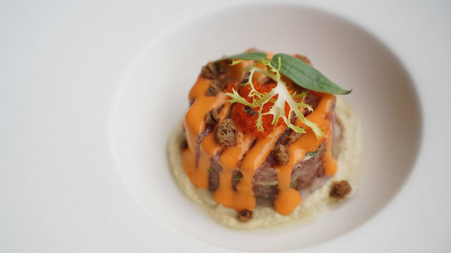 A white plate holds pieces of reddish fish drizzled with orange sauce and topped with colorful garnishes.