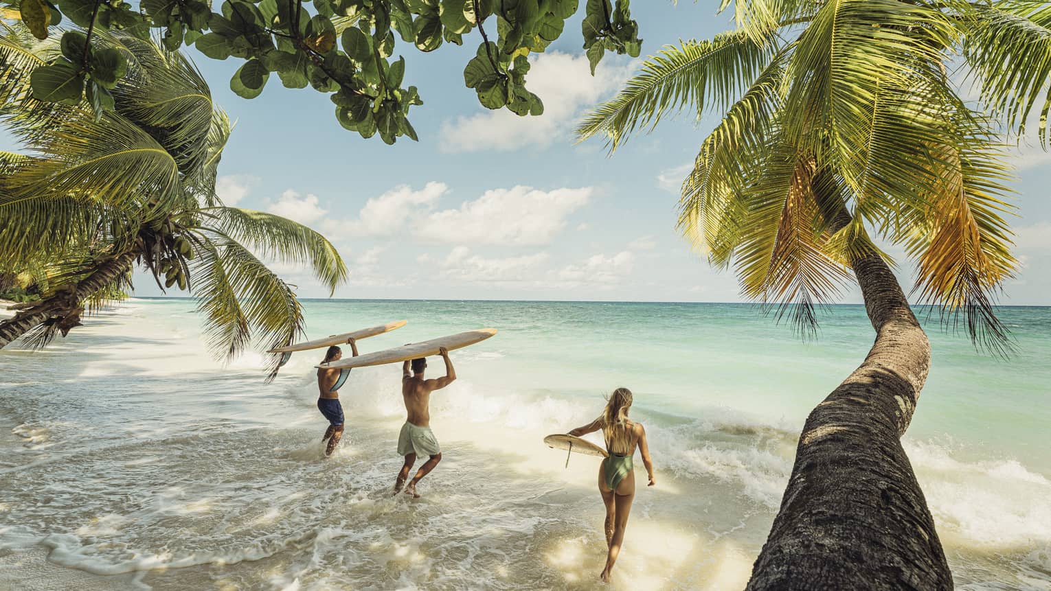 Palm trees extend over waves rushing a sandy beach, as a group of surfers with their boards bound toward the turquoise sea. 