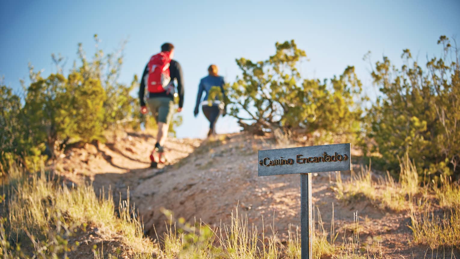 Two people hiking up a hill.