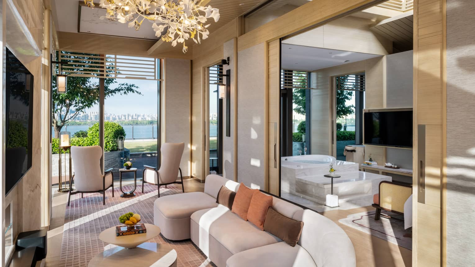 Elegant living room of Penthouse Suite bedroom at Four Seasons Hotel Suzhou