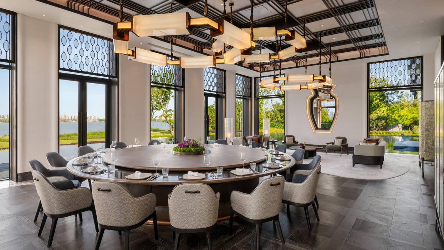 Large 15-person private dining table at luxury hotel restaurant