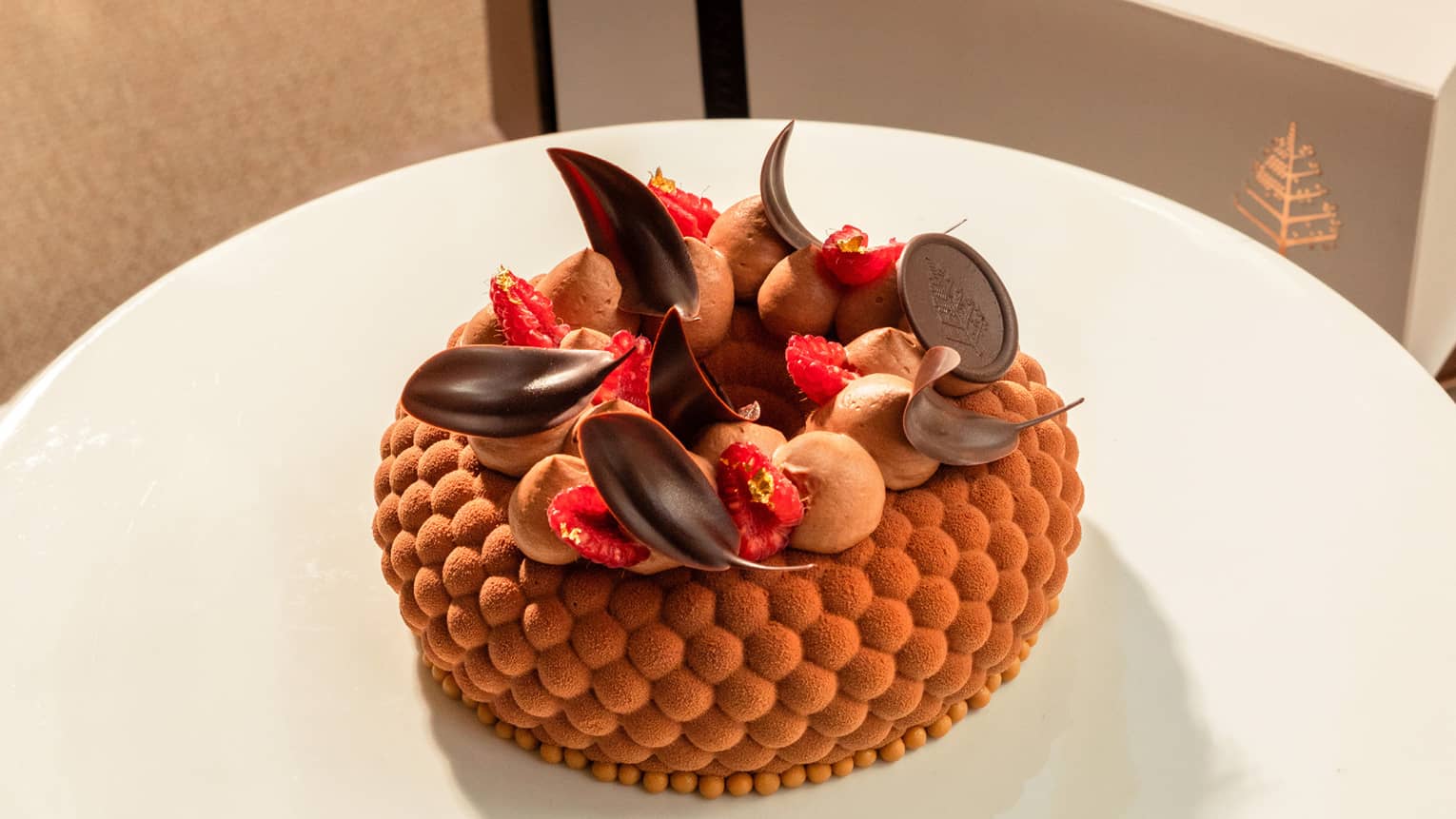 Chocolate gâteau topped with chocolate leaves, sliced raspberries and dollops of chocolate icing