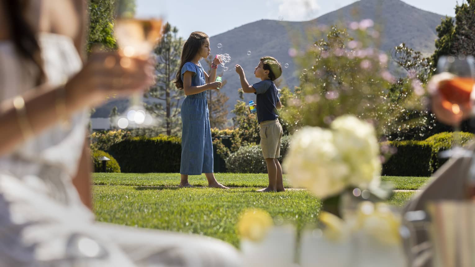 Two children blowing bubbles outside in the distance while a woman drinks a glass of wine in the foreground.