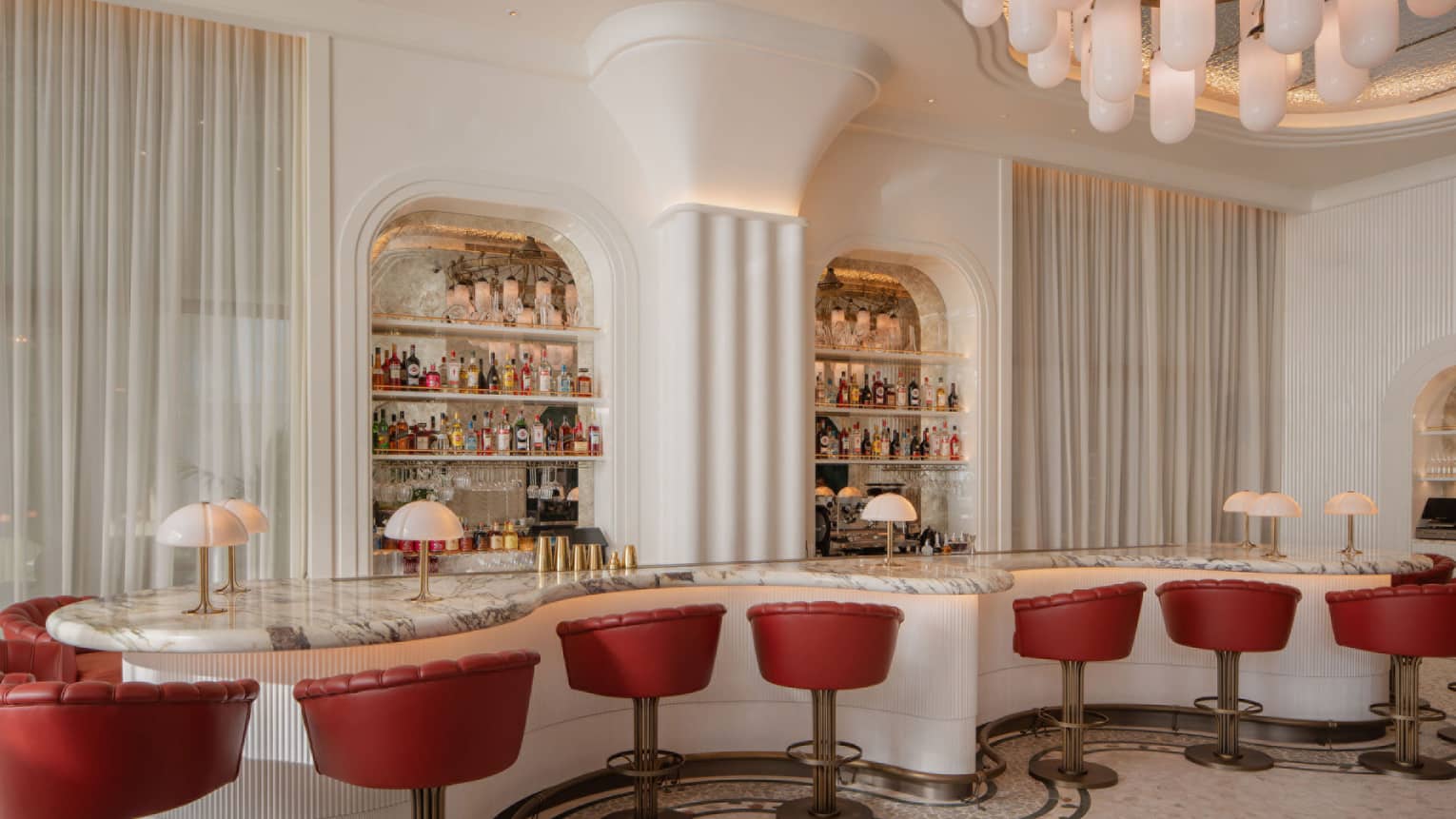 Curved bar with red leather seats