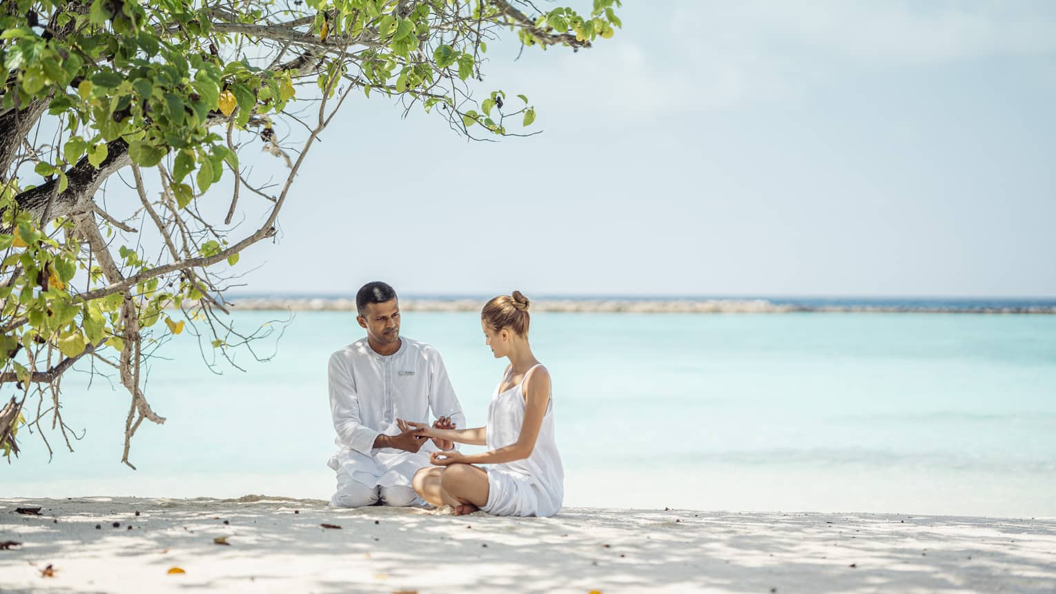 Doctor teaching a wellness haven guest holistic practices on the shore under the shade of a tree, with calm turquoise water in the background