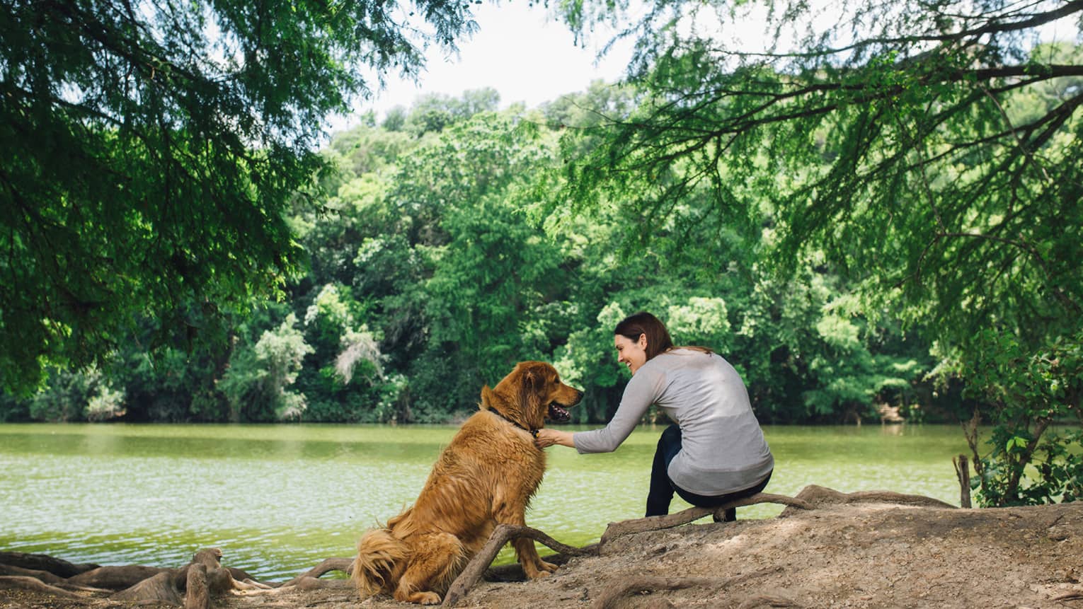 A woman pets a dog next to a lake