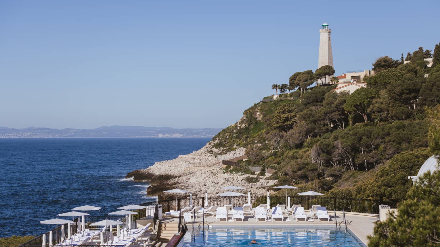 French Riviera coastal sea view from luxury hotel pool