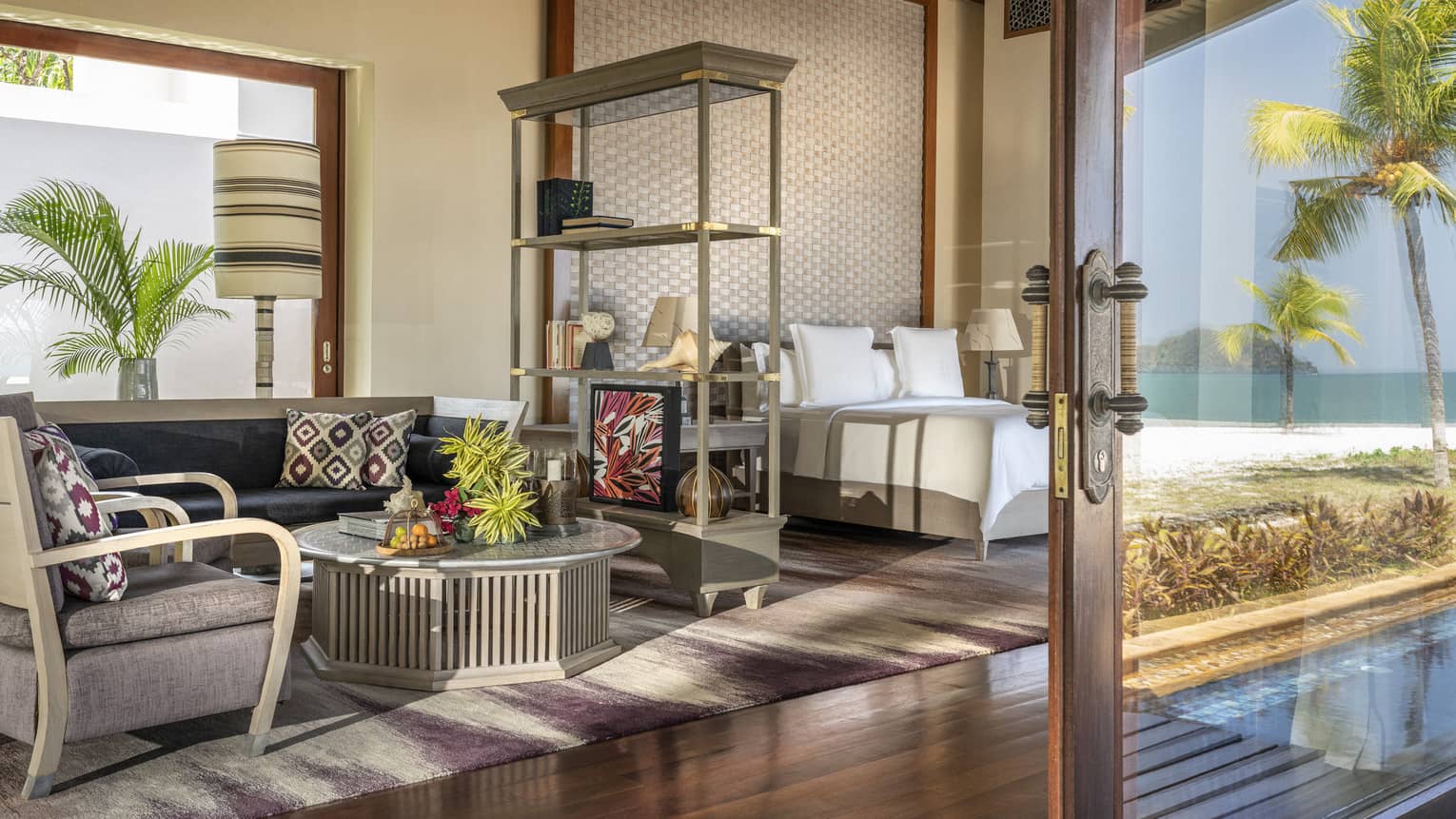 Studio with king bed and living room area