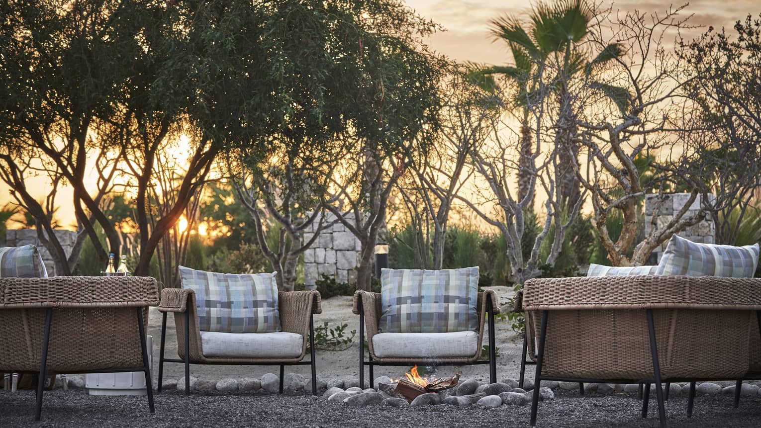 Four wood and cushioned chairs surrounding a small fire on the ground, the sun is setting behind a group of trees.