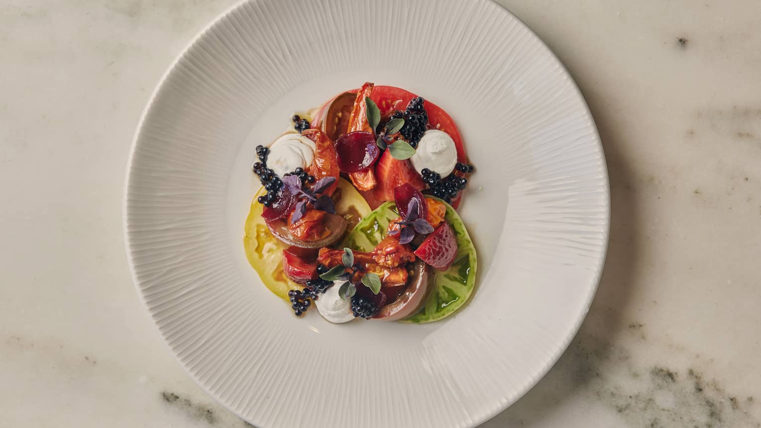 Thinly sliced tomato salad on a white plate.