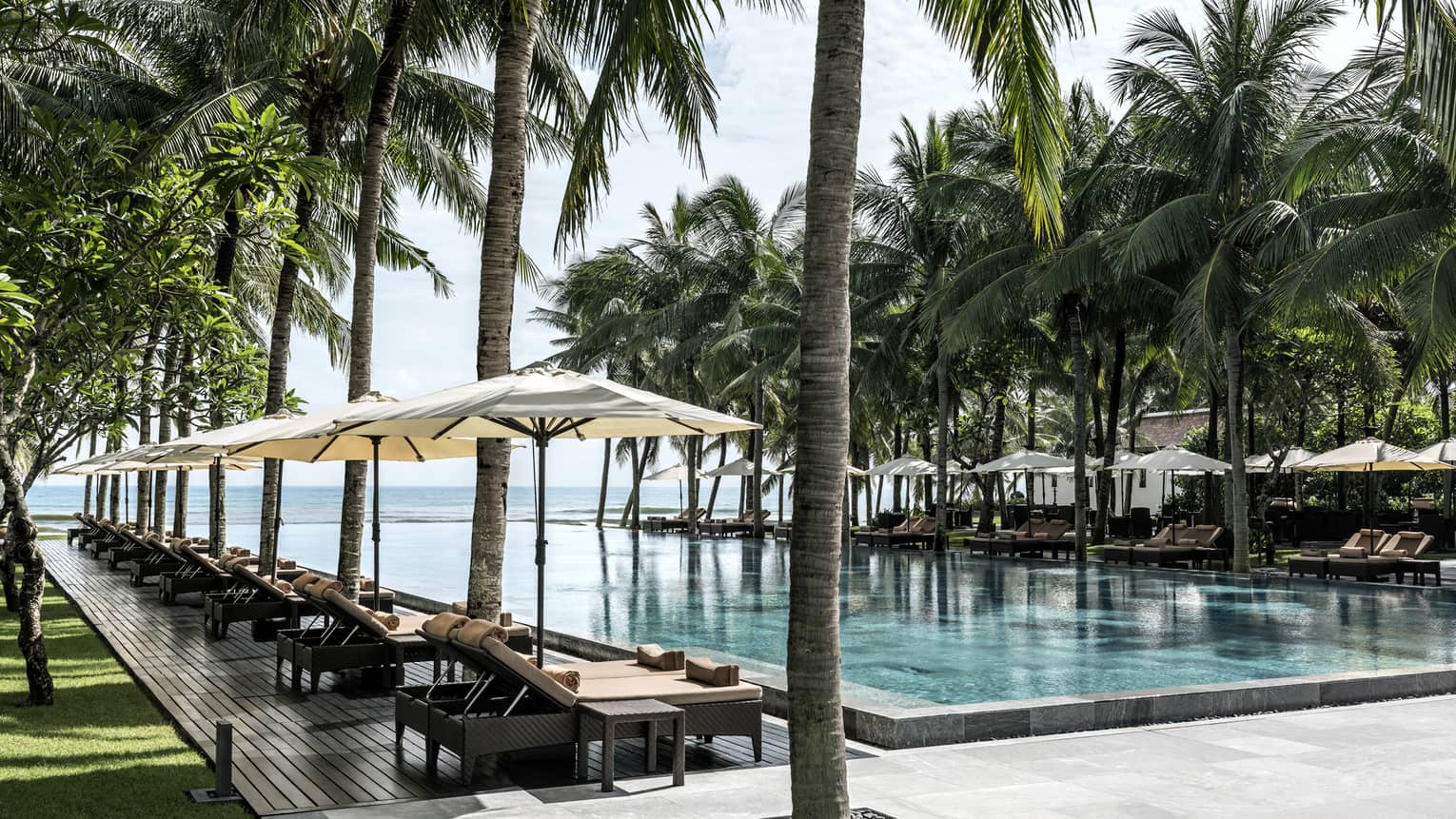 Lounge chairs, patio umbrellas, large palm trees line outdoor swimming pools