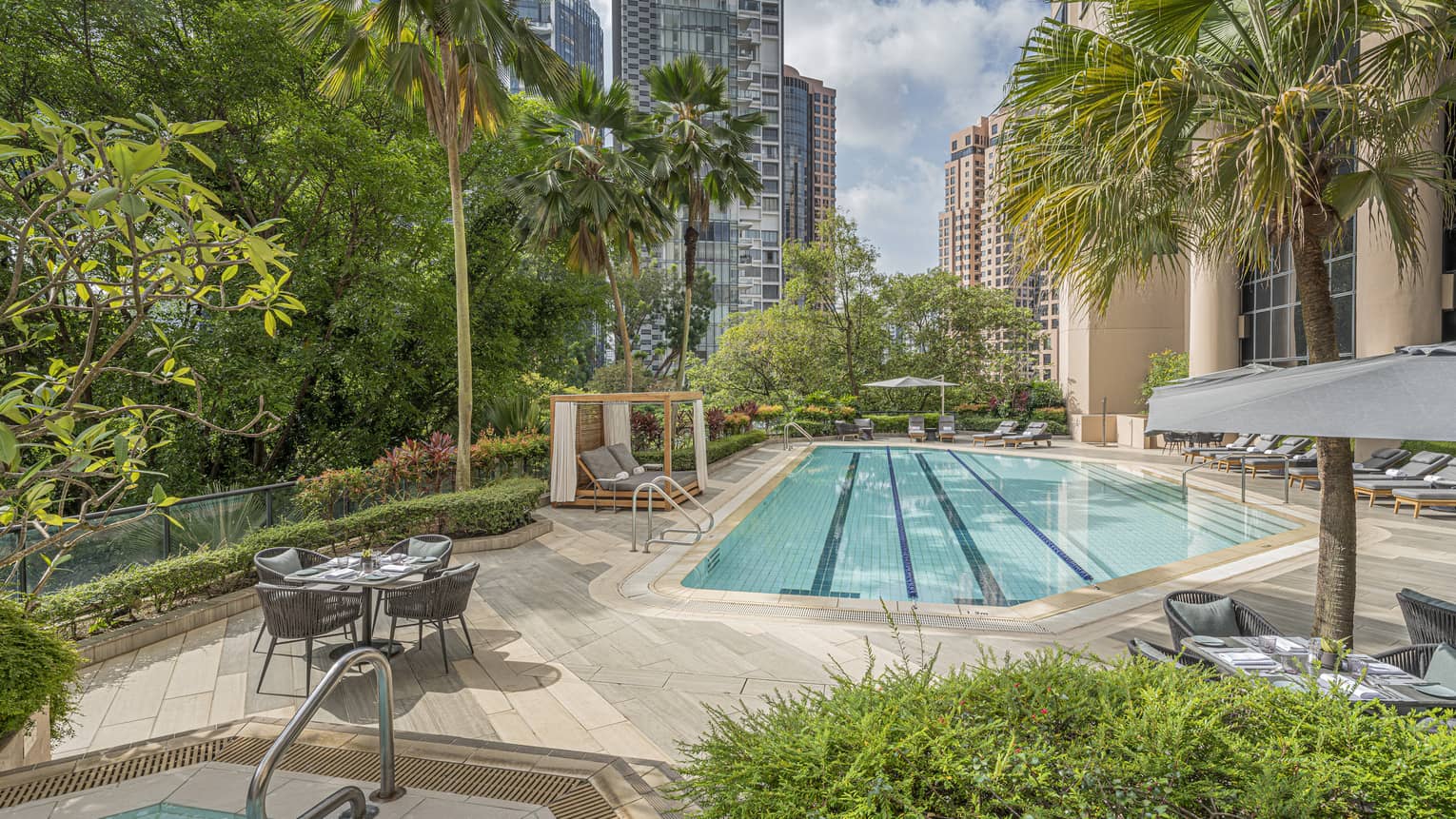 Outdoor lap pool surrounded by palm trees and green foliage, views of downtown Singapore