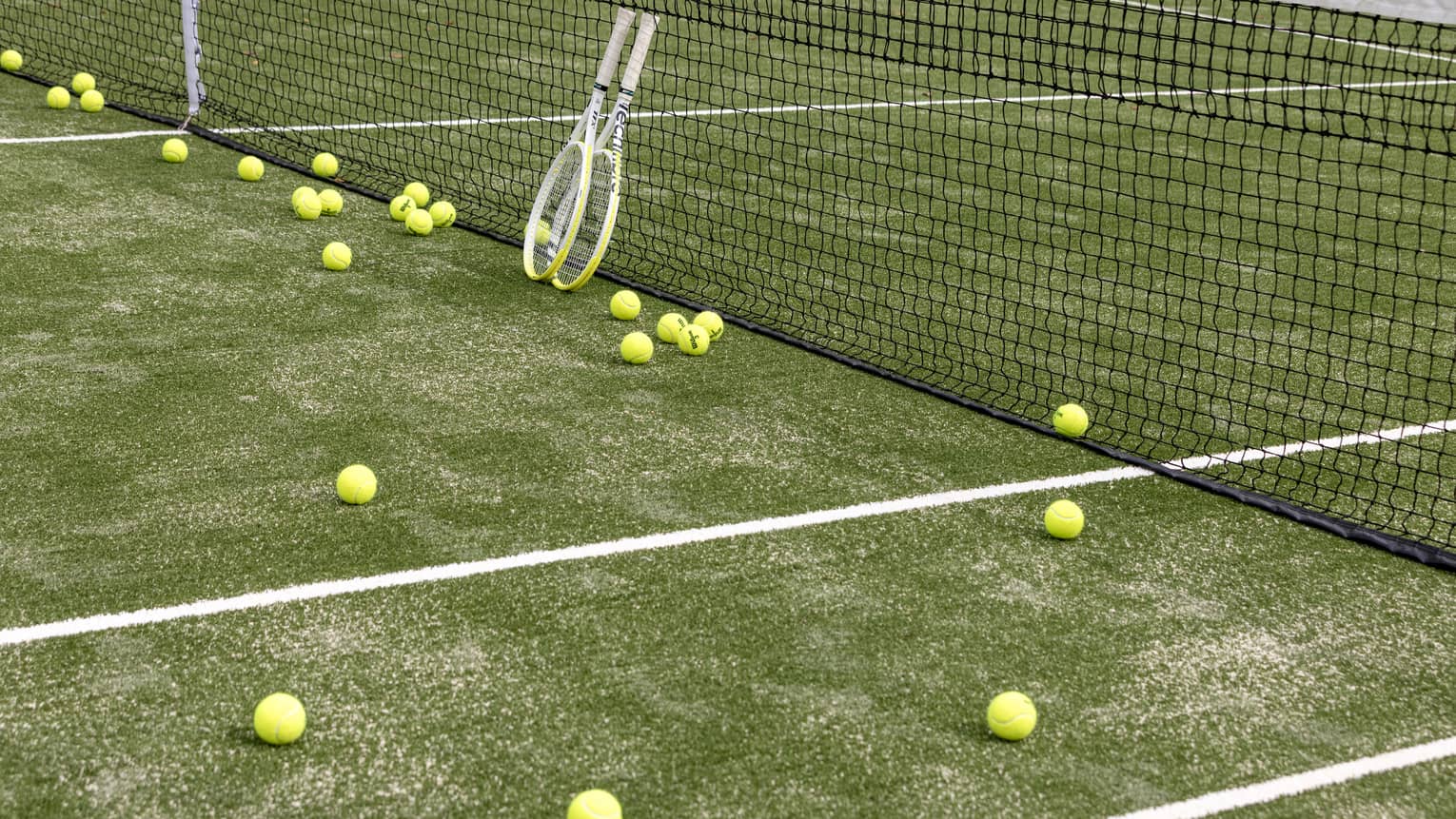 Tennis balls scattered on a tennis court. Two tennis racquets are propped against the net.