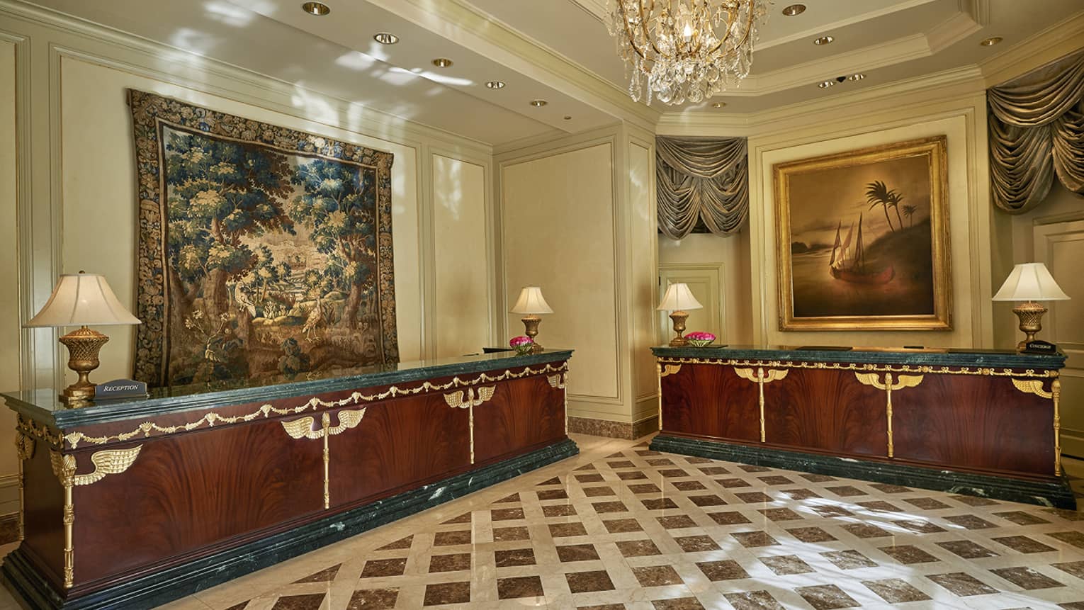 Hotel lobby with tapestry, art and marble flooring