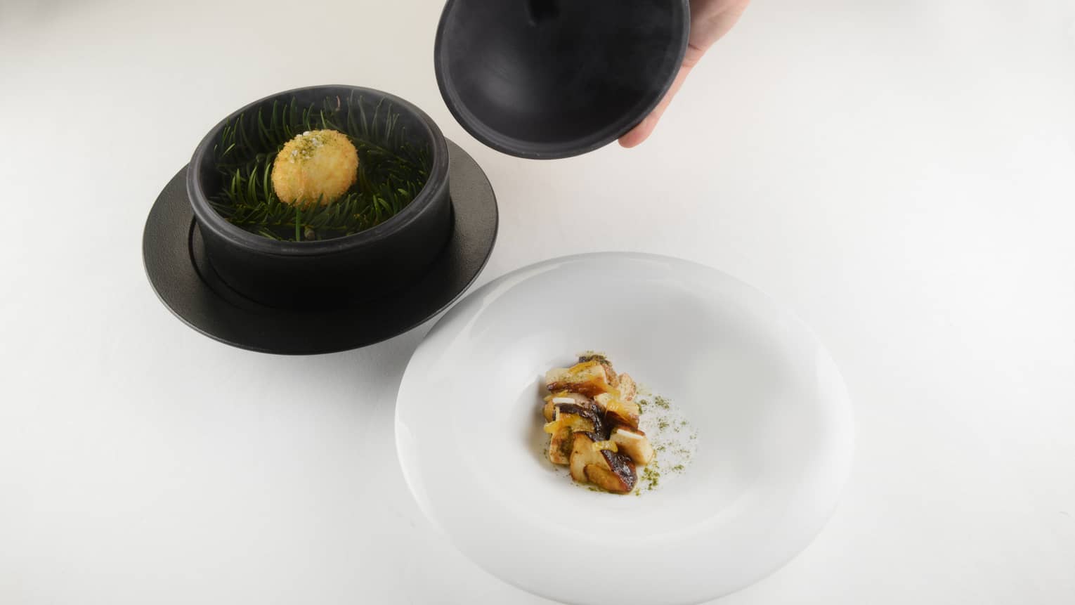 Free range crunchy eggs, porcini mushrooms with candied lemon and garlic