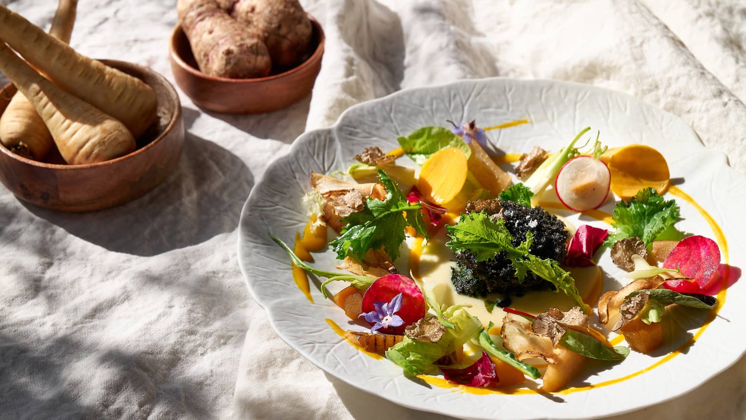 Crispy Charcoal Poached Egg, Pumpkin, Braised Roots, Chicory and Parmigiano Reggiano DOP