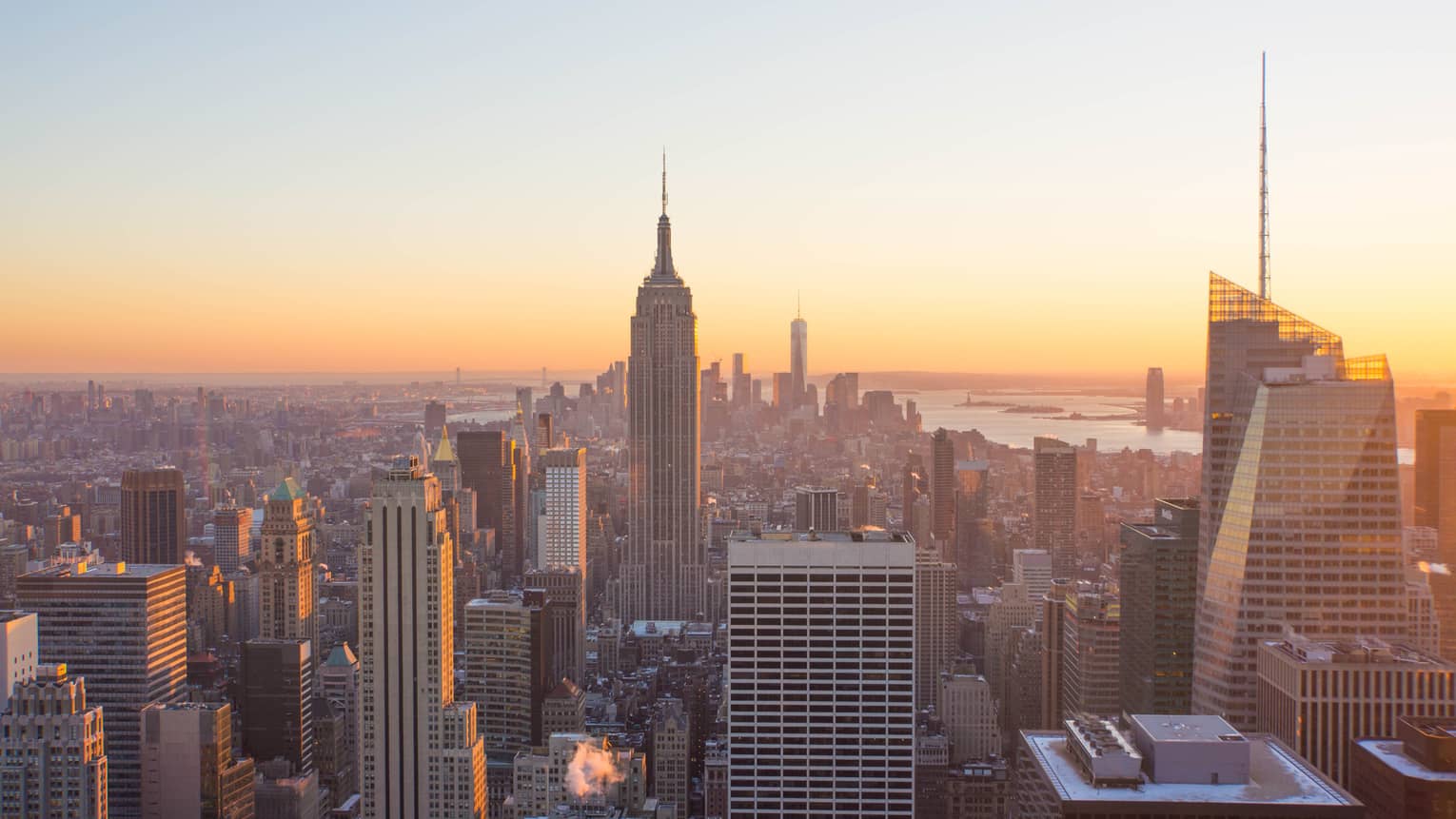 Aerial view of Manhattan, New York skyscrapers at sunset