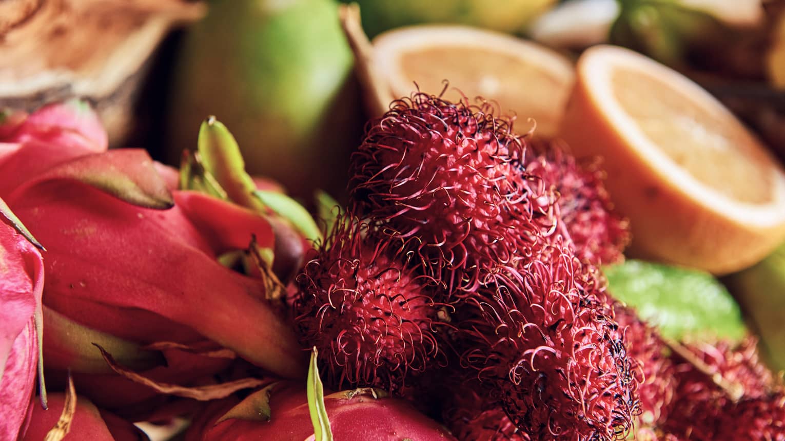 Close-up of tropical lychee fruit, dragonfruit and orange halves 