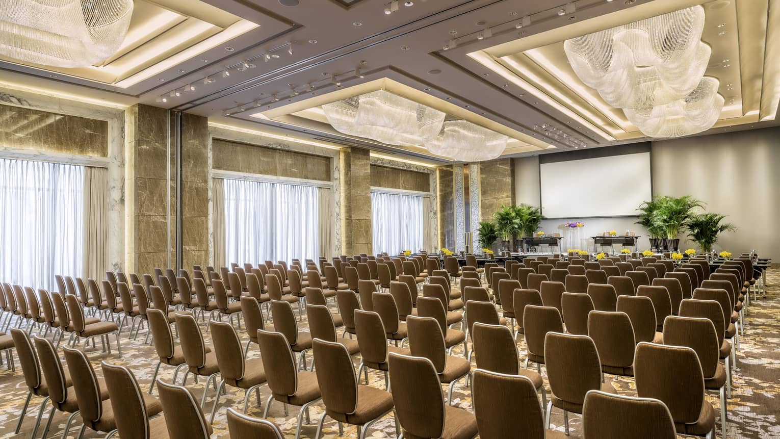 Rows of meeting chairs facing screen, potted trees in large Four Seasons Ballroom 