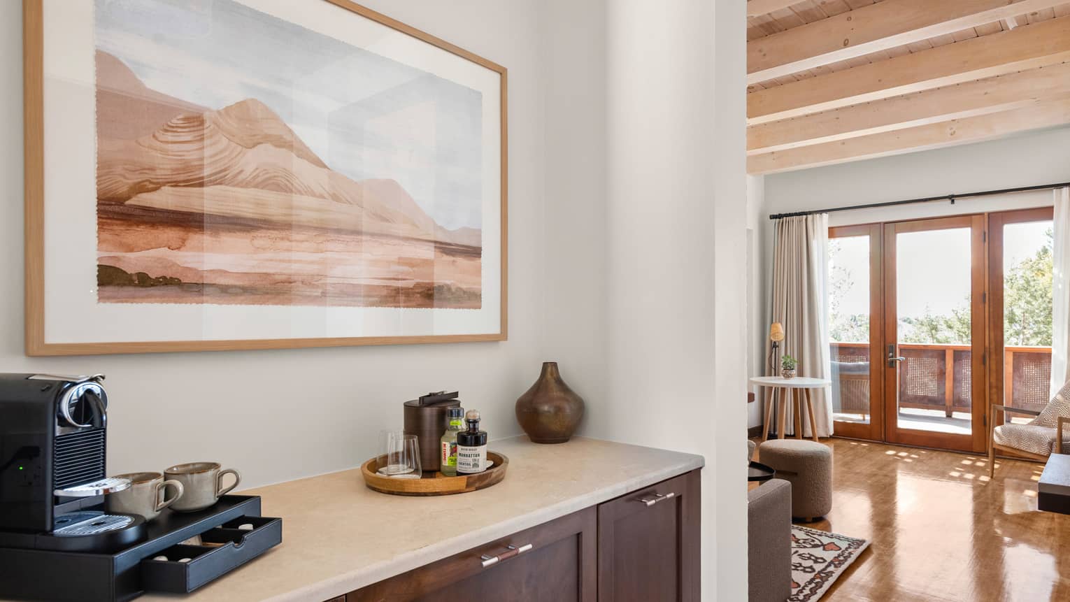 Coffee bar area of hotel suite at Four Seasons Resort Santa Fe