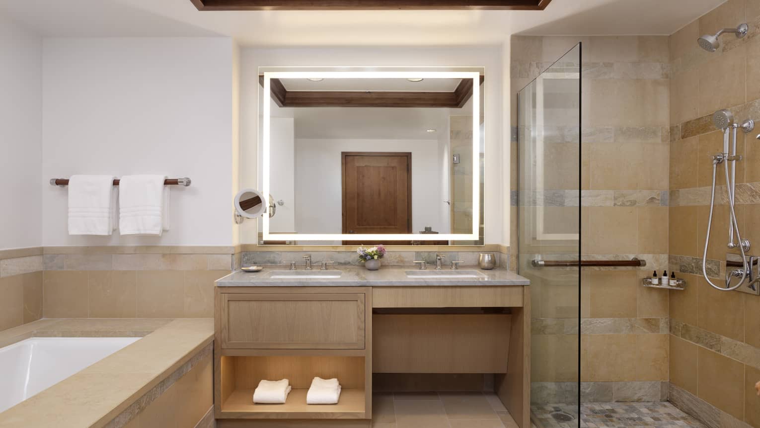 Mobility-accessible bathroom with shower, double vanity and tub