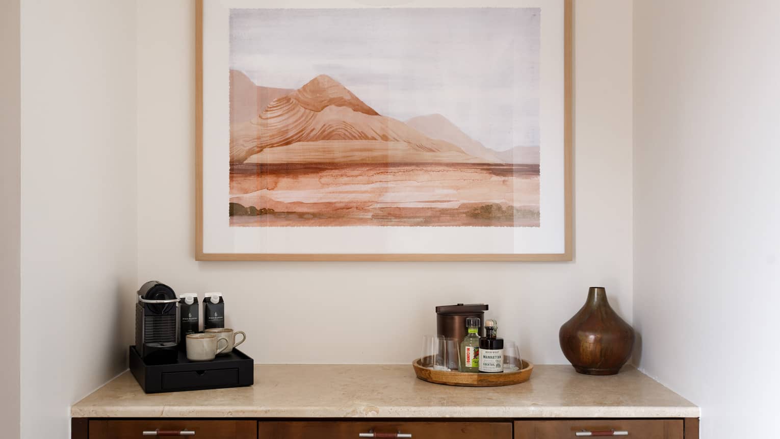 Bar and coffee area of guest room at Four Seasons Resort Santa Fe
