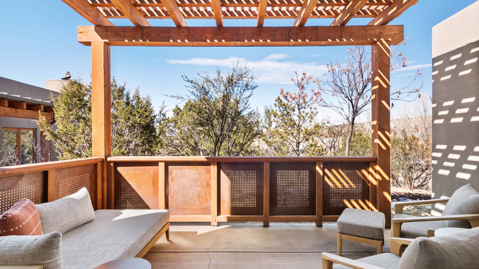 Private terrace with pergola, Deluxe Casita room at Four Seasons Resort Santa Fe