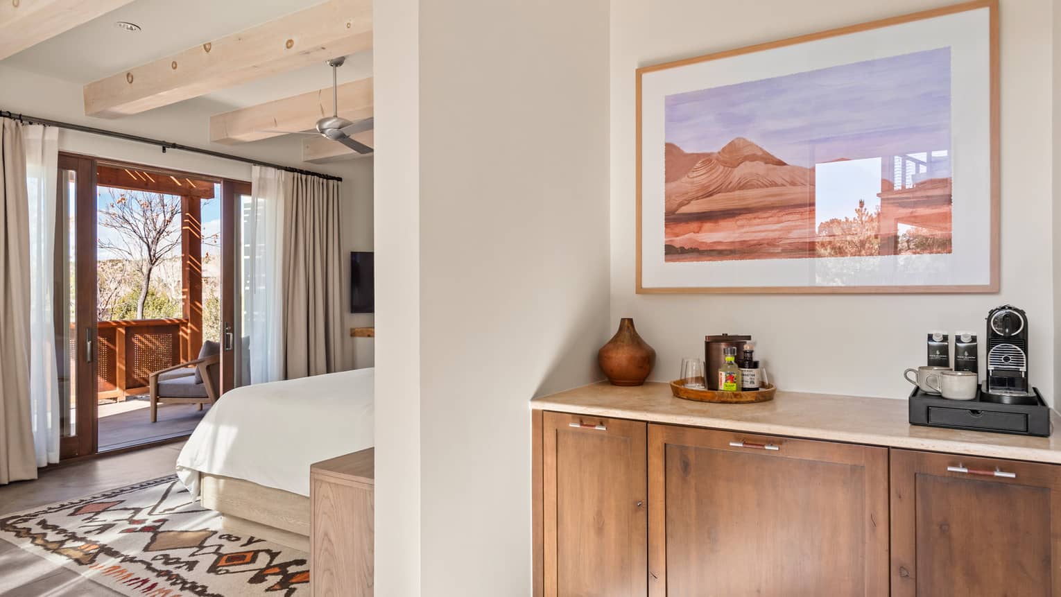 Bar and coffee area of hotel room at Four Seasons Resort Santa Fe