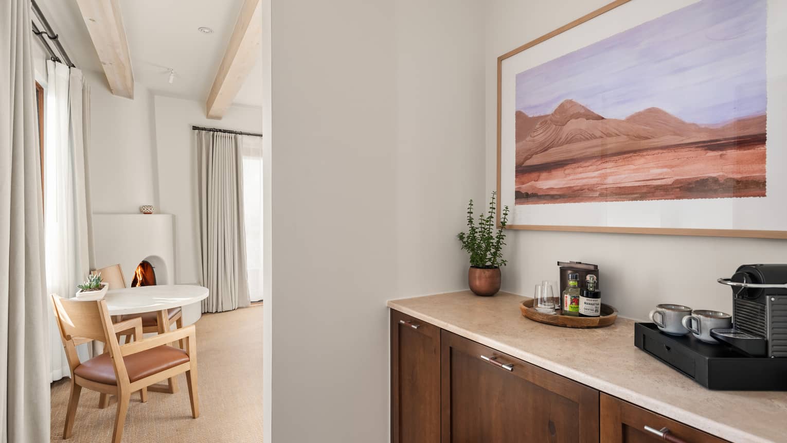 Coffee bar area of guest room at Four Seasons Resort Santa Fe