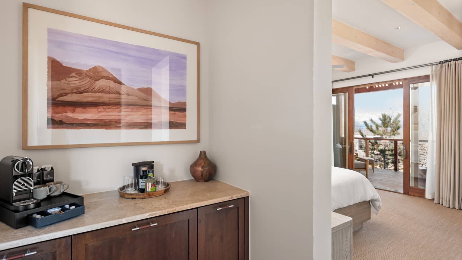 Casita room coffee bar area at Four Seasons Resort Santa Fe
