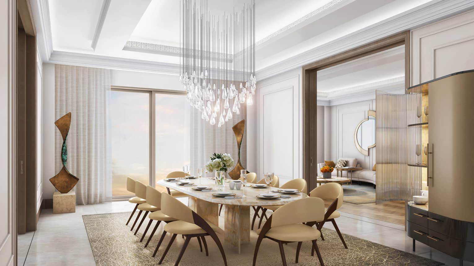 Elegant dining room with table and 10 chairs, multi-light hanging chandelier