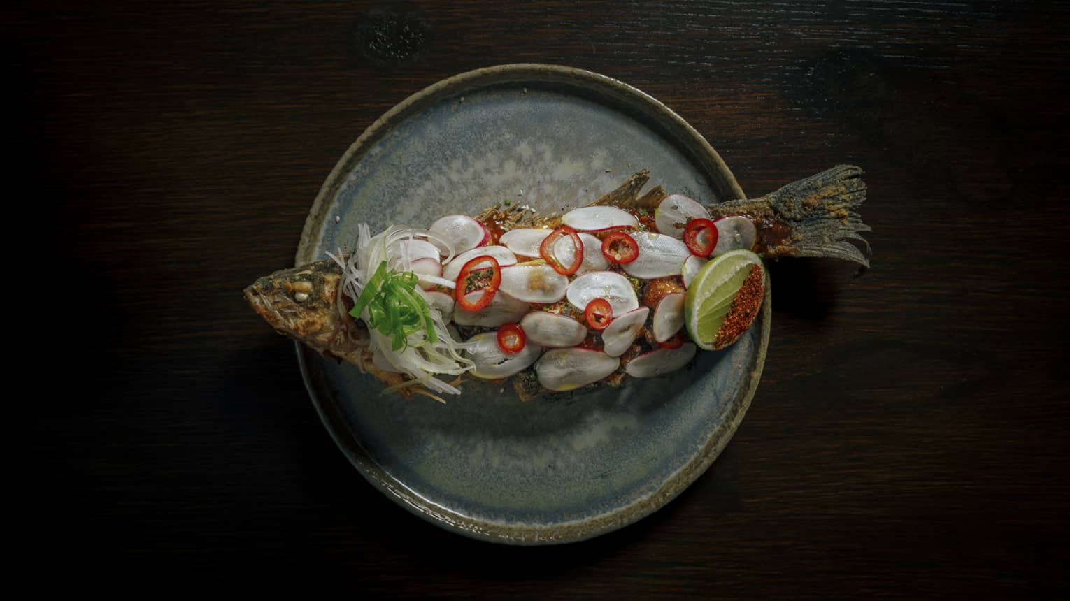 Branzino plated on a blue stoneware plate on a black background