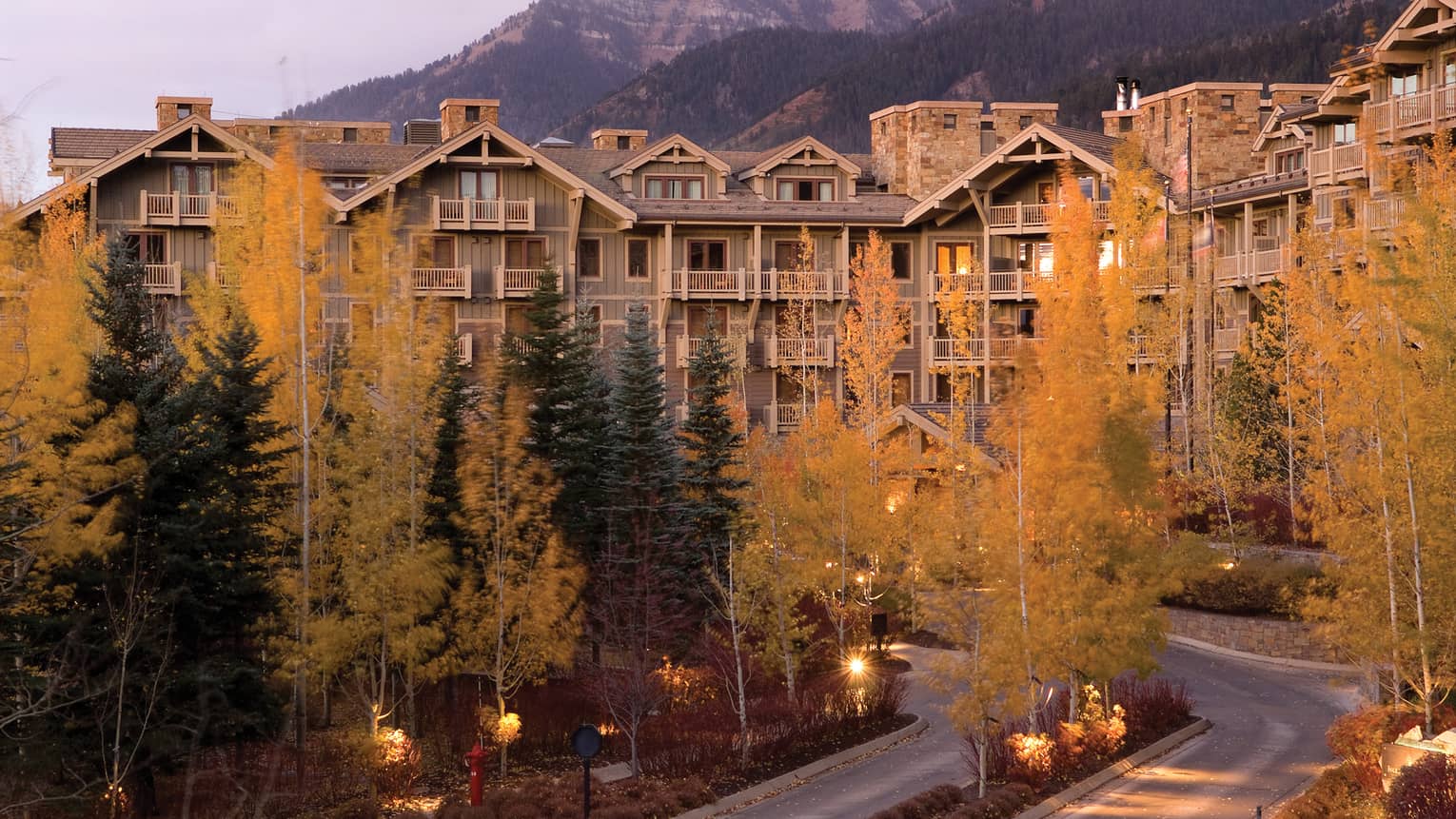 Exterior of resort surrounded by yellow and green trees.