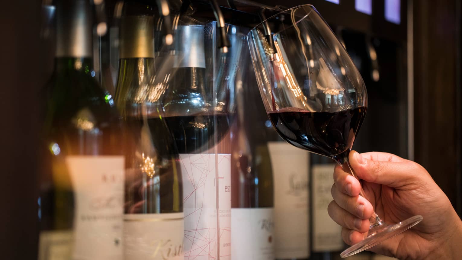 Close-up of hand holding large glass of red wine, reflection in cabinet 